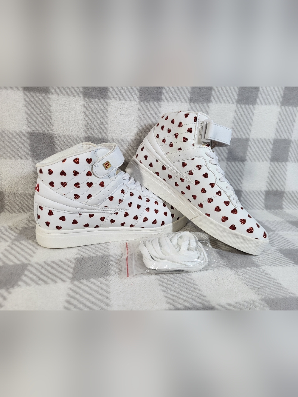Women's Size 7 FILA High Top White Sneakers Red Glitter Hearts